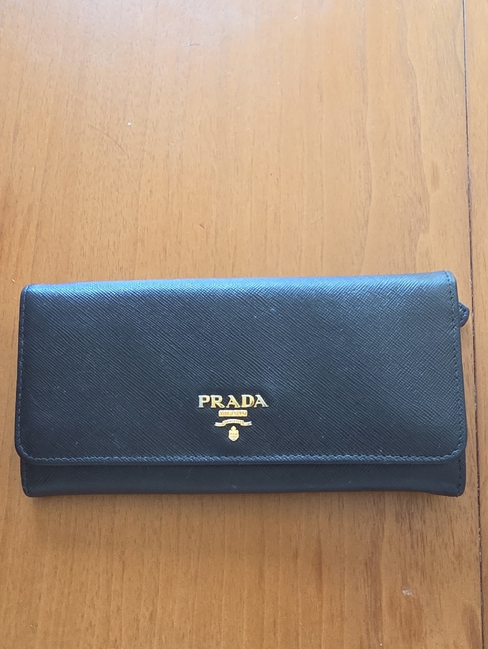 Prada Black Saffiano Continental Wallet with Gold Logo
